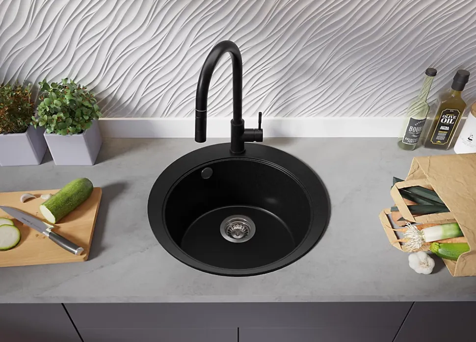 PRIMAGRAN Evier cuisine Granit Rond Noir 50x50cm, Evier 1 bac + Kit de Vidage + Accessoires, Lavabo Cuisine au meuble 45cm - Pise