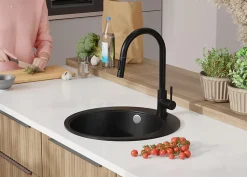 PRIMAGRAN Evier cuisine Granit Rond Noir 50x50cm, Evier 1 bac + Kit de Vidage + Accessoires, Lavabo Cuisine au meuble 45cm - Pise