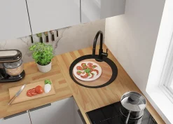 PRIMAGRAN Evier cuisine Granit Rond Noir 50x50cm, Evier 1 bac + Kit de Vidage + Accessoires, Lavabo Cuisine au meuble 45cm - Pise