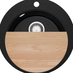 PRIMAGRAN Evier cuisine Granit Rond Noir 50x50cm, Evier 1 bac + Kit de Vidage + Accessoires, Lavabo Cuisine au meuble 45cm - Pise