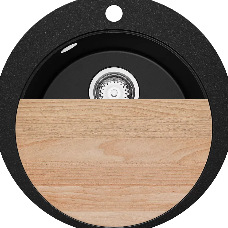 PRIMAGRAN Evier cuisine Granit Rond Noir 50x50cm, Evier 1 bac + Kit de Vidage + Accessoires, Lavabo Cuisine au meuble 45cm - Pise
