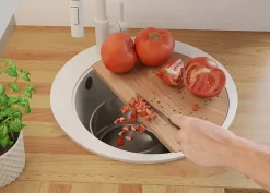 PRIMAGRAN Evier cuisine Granit Rond Blanc 50x50cm, Evier 1 bac + Kit de Vidage + Accessoires, Lavabo Cuisine au meuble 45cm