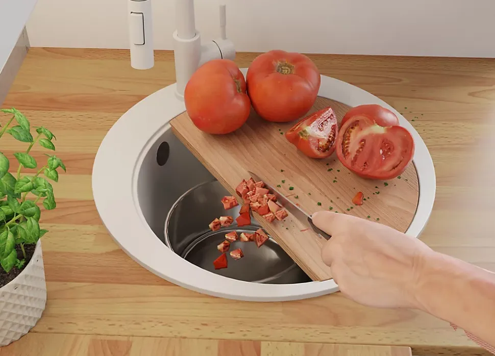 PRIMAGRAN Evier cuisine Granit Rond Blanc 50x50cm, Evier 1 bac + Kit de Vidage + Accessoires, Lavabo Cuisine au meuble 45cm