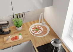 PRIMAGRAN Evier cuisine Granit Rond Blanc 50x50cm, Evier 1 bac + Kit de Vidage + Accessoires, Lavabo Cuisine au meuble 45cm