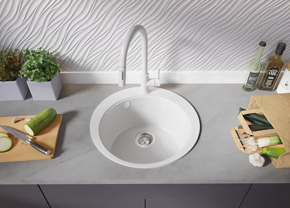 PRIMAGRAN Evier cuisine Granit Rond Blanc 50x50cm, Evier 1 bac + Kit de Vidage + Accessoires, Lavabo Cuisine au meuble 45cm