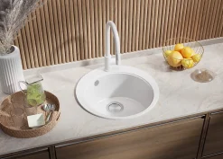 PRIMAGRAN Evier cuisine Granit Rond Blanc 50x50cm, Evier 1 bac + Kit de Vidage + Accessoires, Lavabo Cuisine au meuble 45cm