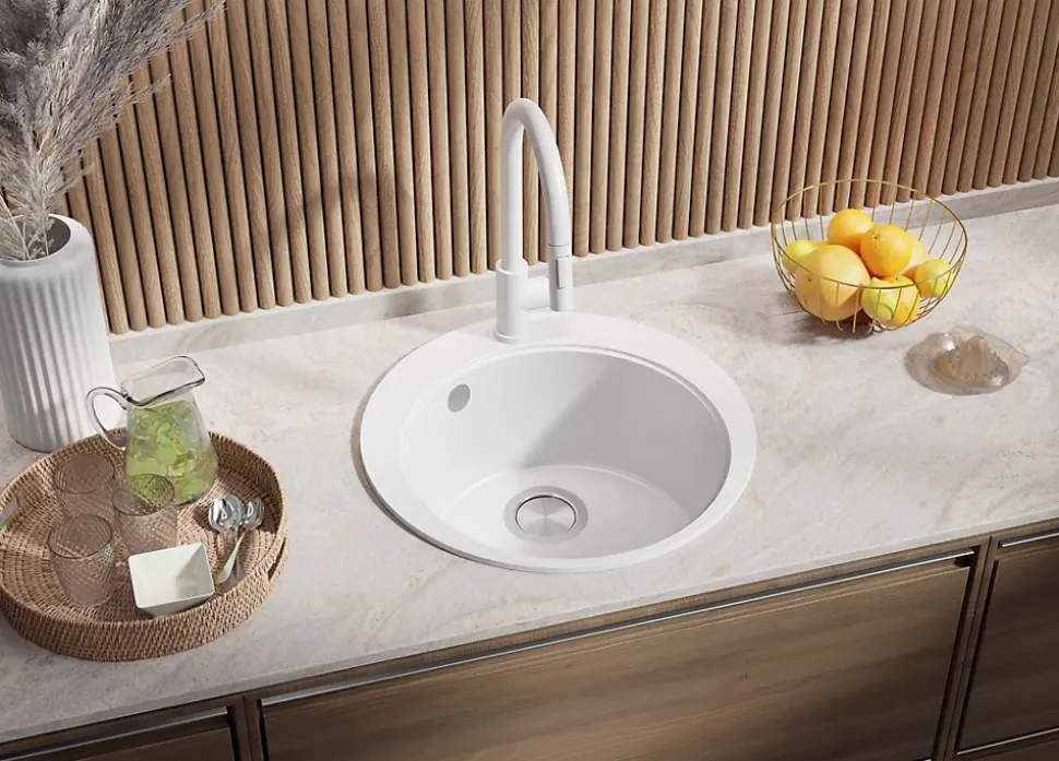 PRIMAGRAN Evier cuisine Granit Rond Blanc 50x50cm, Evier 1 bac + Kit de Vidage + Accessoires, Lavabo Cuisine au meuble 45cm