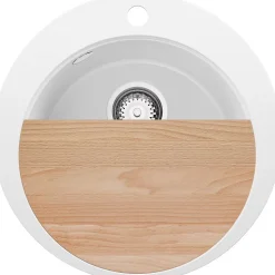 PRIMAGRAN Evier cuisine Granit Rond Blanc 50x50cm, Evier 1 bac + Kit de Vidage + Accessoires, Lavabo Cuisine au meuble 45cm