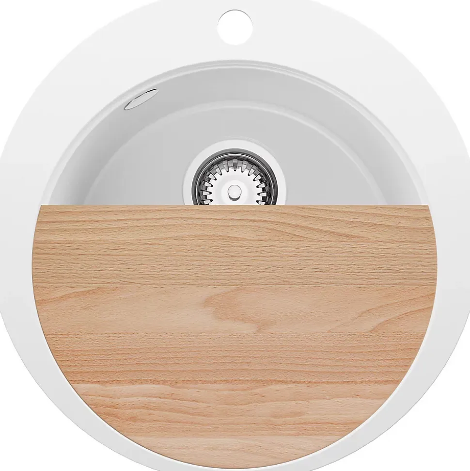 PRIMAGRAN Evier cuisine Granit Rond Blanc 50x50cm, Evier 1 bac + Kit de Vidage + Accessoires, Lavabo Cuisine au meuble 45cm