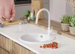 PRIMAGRAN Evier cuisine Granit Rond Blanc 50x50cm, Evier 1 bac + Kit de Vidage + Accessoires, Lavabo Cuisine au meuble 45cm