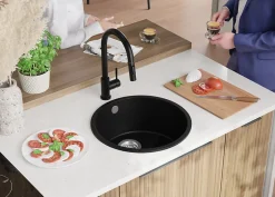 PRIMAGRAN Evier cuisine Granit Rond Noir Métallisé 46x46cm, Evier 1 bac + Accessoires, Lavabo Cuisine au meuble 50cm