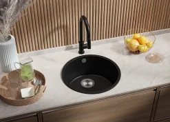 PRIMAGRAN Evier cuisine Granit Rond Noir Métallisé 46x46cm, Evier 1 bac + Accessoires, Lavabo Cuisine au meuble 50cm