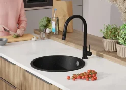 PRIMAGRAN Evier cuisine Granit Rond Noir Métallisé 46x46cm, Evier 1 bac + Accessoires, Lavabo Cuisine au meuble 50cm