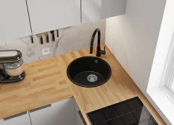 PRIMAGRAN Evier cuisine Granit Rond Noir Métallisé 46x46cm, Evier 1 bac + Accessoires, Lavabo Cuisine au meuble 50cm