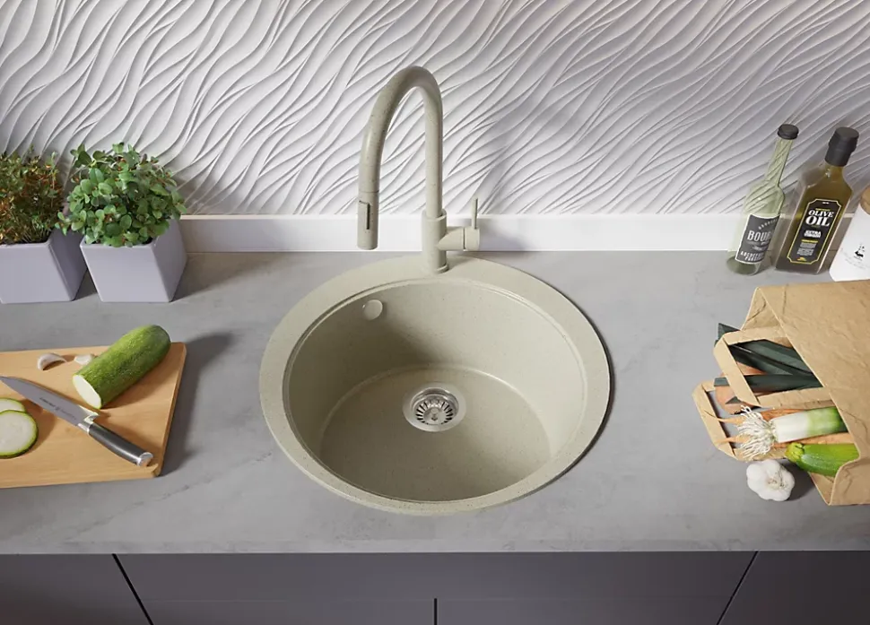 PRIMAGRAN Evier cuisine Granit Rond Beige 53x53cm, Evier 1 bac + Kit de Vidage + Accessoires, Lavabo Cuisine au meuble 50cm