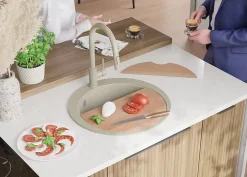 PRIMAGRAN Evier cuisine Granit Rond Beige 53x53cm, Evier 1 bac + Kit de Vidage + Accessoires, Lavabo Cuisine au meuble 50cm