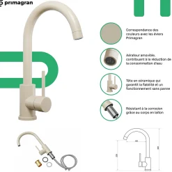 PRIMAGRAN Evier cuisine Granit Rond Beige 53x53cm, Evier 1 bac + Kit de Vidage + Accessoires, Lavabo Cuisine au meuble 50cm