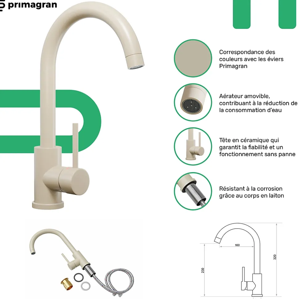 PRIMAGRAN Evier cuisine Granit Rond Beige 53x53cm, Evier 1 bac + Kit de Vidage + Accessoires, Lavabo Cuisine au meuble 50cm