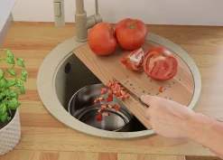 PRIMAGRAN Evier cuisine Granit Rond Beige 53x53cm, Evier 1 bac + Kit de Vidage + Accessoires, Lavabo Cuisine au meuble 50cm