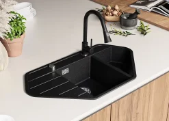 PRIMAGRAN Evier d'angle en Granit Graphite 90x50cm, Lavabo Cuisine 1,5 bacs + Accessoires, Évier à Encastrer au meuble 80cm