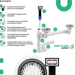 PRIMAGRAN Evier d'angle en Granit Graphite 90x50cm, Lavabo Cuisine 1,5 bacs + Accessoires, Évier à Encastrer au meuble 80cm