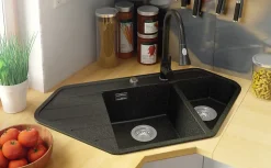 PRIMAGRAN Evier d'angle en Granit Graphite 90x50cm, Lavabo Cuisine 1,5 bacs + Accessoires, Évier à Encastrer au meuble 80cm