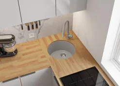 PRIMAGRAN Evier Sous Plan Gris 46x46cm, Evier en Granit 1 bac + Kit de Vidage, Évier au meuble 50cm - La Valette