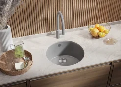 PRIMAGRAN Evier Sous Plan Gris 46x46cm, Evier en Granit 1 bac + Kit de Vidage, Évier au meuble 50cm - La Valette