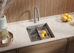 PRIMAGRAN Evier Sous Plan Gris 46x47cm, Evier en Granit 1 bac + Kit de Vidage + Accessoires, Évier au meuble 50cm - Prague