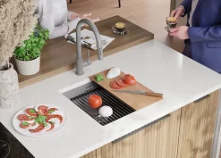 PRIMAGRAN Evier Sous Plan Gris 46x47cm, Evier en Granit 1 bac + Kit de Vidage + Accessoires, Évier au meuble 50cm - Prague