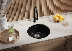 PRIMAGRAN Evier Sous Plan Tout Noir 46x46cm, Evier en Granit 1 bac + Kit de Vidage, Évier au meuble 50cm - La Valette