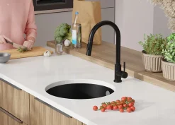 PRIMAGRAN Evier Sous Plan Tout Noir 46x46cm, Evier en Granit 1 bac + Kit de Vidage, Évier au meuble 50cm - La Valette