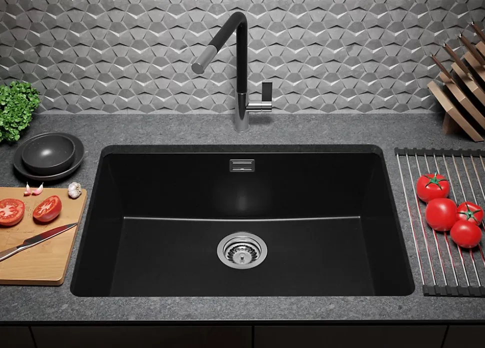 PRIMAGRAN Evier Sous Plan Noir 66x47cm, Evier en Granit 1 bac + Kit de Vidage, Évier au meuble 70cm - London