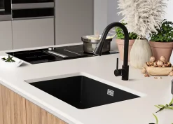 PRIMAGRAN Evier Sous Plan Noir 66x47cm, Evier en Granit 1 bac + Kit de Vidage, Évier au meuble 70cm - London