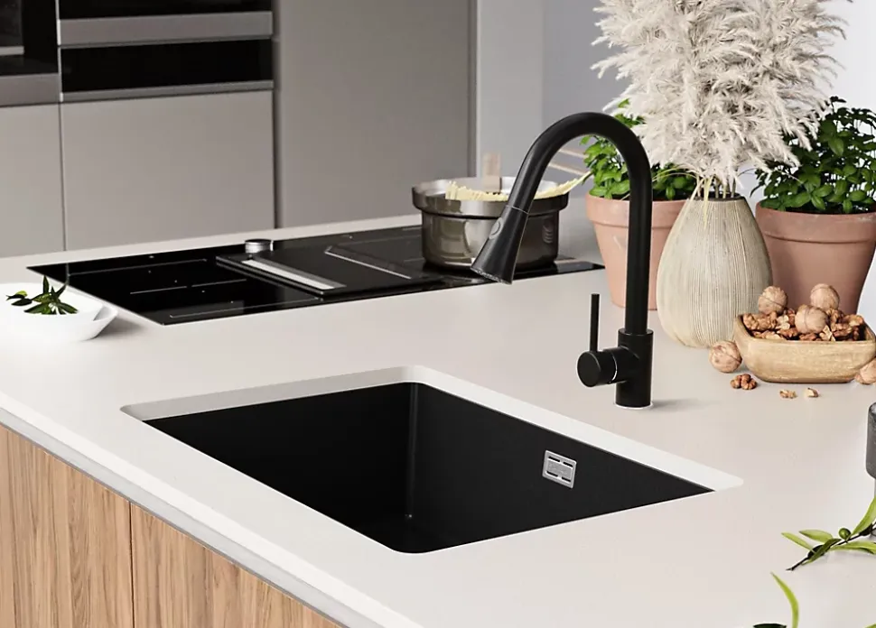 PRIMAGRAN Evier Sous Plan Noir 66x47cm, Evier en Granit 1 bac + Kit de Vidage, Évier au meuble 70cm - London