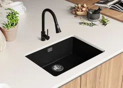 PRIMAGRAN Evier Sous Plan Noir 66x47cm, Evier en Granit 1 bac + Kit de Vidage, Évier au meuble 70cm - London