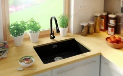 PRIMAGRAN Evier Sous Plan Noir 66x47cm, Evier en Granit 1 bac + Kit de Vidage, Évier au meuble 70cm - London