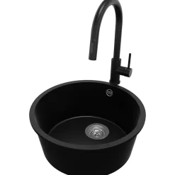 PRIMAGRAN Evier Sous Plan Noir 46x46cm, Evier en Granit 1 bac + Kit de Vidage + Accessoires, Évier au meuble 50cm - La Valette