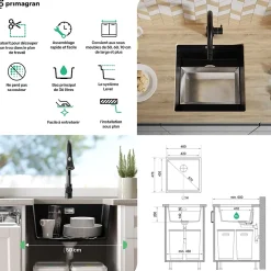 PRIMAGRAN Evier Sous Plan Graphite 46x47cm, Evier en Granit 1 bac + Kit de Vidage + Accessoires, Évier au meuble 50cm - Prague