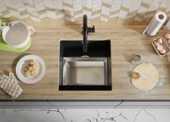 PRIMAGRAN Evier Sous Plan Graphite 46x47cm, Evier en Granit 1 bac + Kit de Vidage + Accessoires, Évier au meuble 50cm - Prague