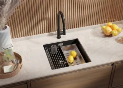 PRIMAGRAN Evier Sous Plan Graphite 46x47cm, Evier en Granit 1 bac + Kit de Vidage + Accessoires, Évier au meuble 50cm - Prague