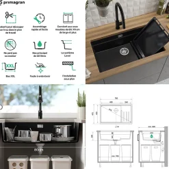PRIMAGRAN Evier Sous Plan Noir Métallisé 76x47cm, Evier en Granit 1 bac + Kit de Vidage + Accessoires, Évier au meuble 80cm