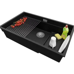 PRIMAGRAN Evier Sous Plan Noir Métallisé 76x47cm, Evier en Granit 1 bac + Kit de Vidage + Accessoires, Évier au meuble 80cm