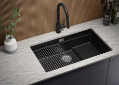 PRIMAGRAN Evier Sous Plan Noir Métallisé 76x47cm, Evier en Granit 1 bac + Kit de Vidage + Accessoires, Évier au meuble 80cm