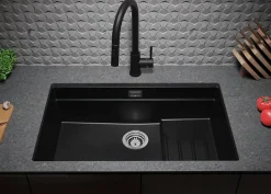 PRIMAGRAN Evier Sous Plan Noir Métallisé 76x47cm, Evier en Granit 1 bac + Kit de Vidage + Accessoires, Évier au meuble 80cm