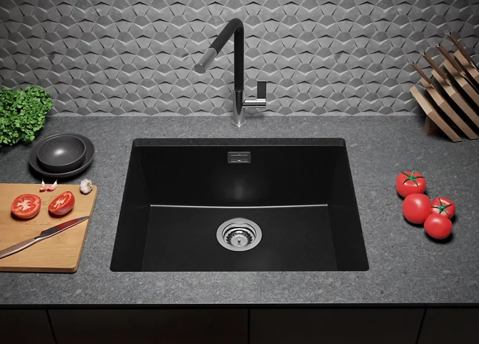 PRIMAGRAN Evier Sous Plan Noir 56x47cm, Evier en Granit 1 bac + Kit de Vidage, Évier au meuble 60cm - London