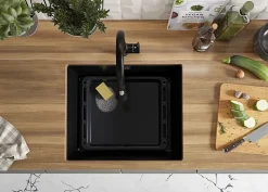 PRIMAGRAN Evier Sous Plan Noir 56x47cm, Evier en Granit 1 bac + Kit de Vidage, Évier au meuble 60cm - London