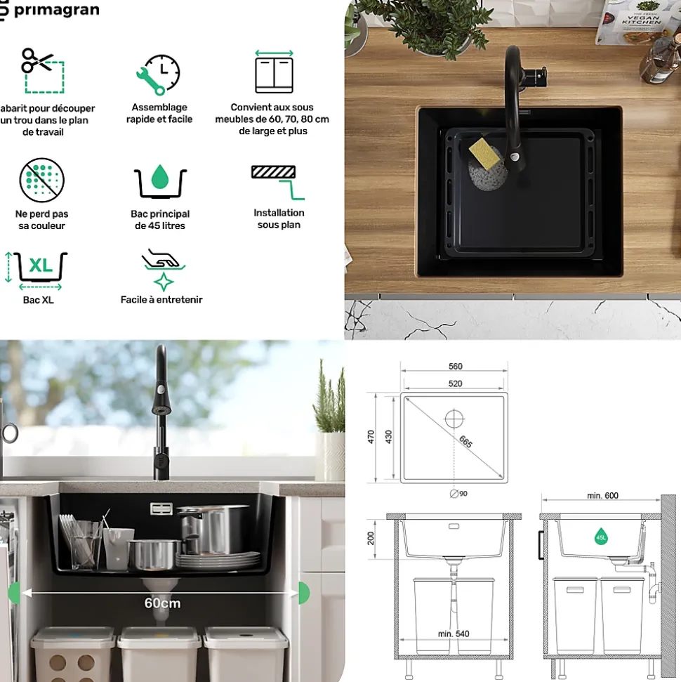PRIMAGRAN Evier Sous Plan Noir 56x47cm, Evier en Granit 1 bac + Kit de Vidage, Évier au meuble 60cm - London