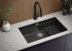 PRIMAGRAN Evier Sous Plan Graphite 76x47cm, Evier en Granit 1 bac + Kit de Vidage + Accessoires, Évier au meuble 80cm - Prague