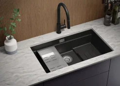 PRIMAGRAN Evier Sous Plan Graphite 76x47cm, Evier en Granit 1 bac + Kit de Vidage + Accessoires, Évier au meuble 80cm - Prague